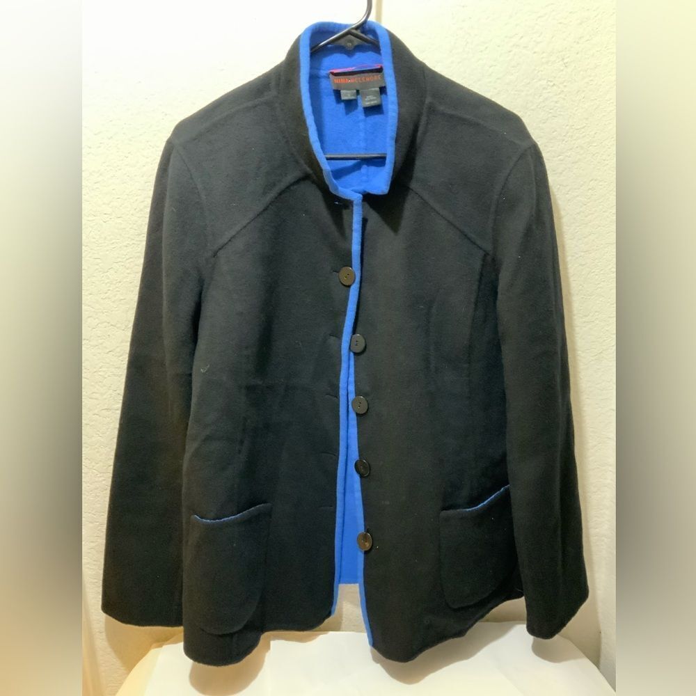 Nina Mclemore | 100% Wool Two Tone Blazer Jacket Button Front Blue Black Size 12